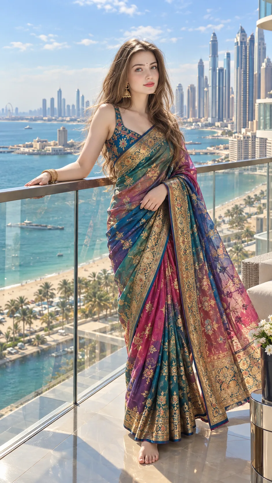 IMAGE GENERATION PROMPT: A photorealistic, highly detailed full-body portrait of a beautiful young Indian woman named Simran, standing