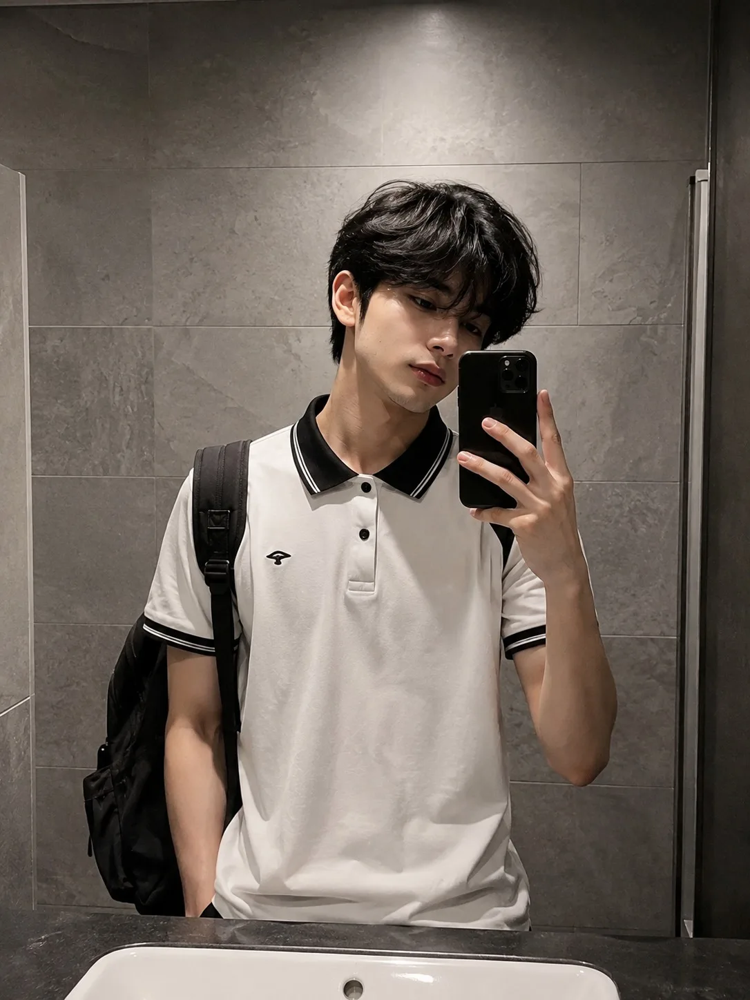 A breathtakingly handsome young male student taking a mirror selfie inside a modern minimalist restroom with large matte gray stone tiles