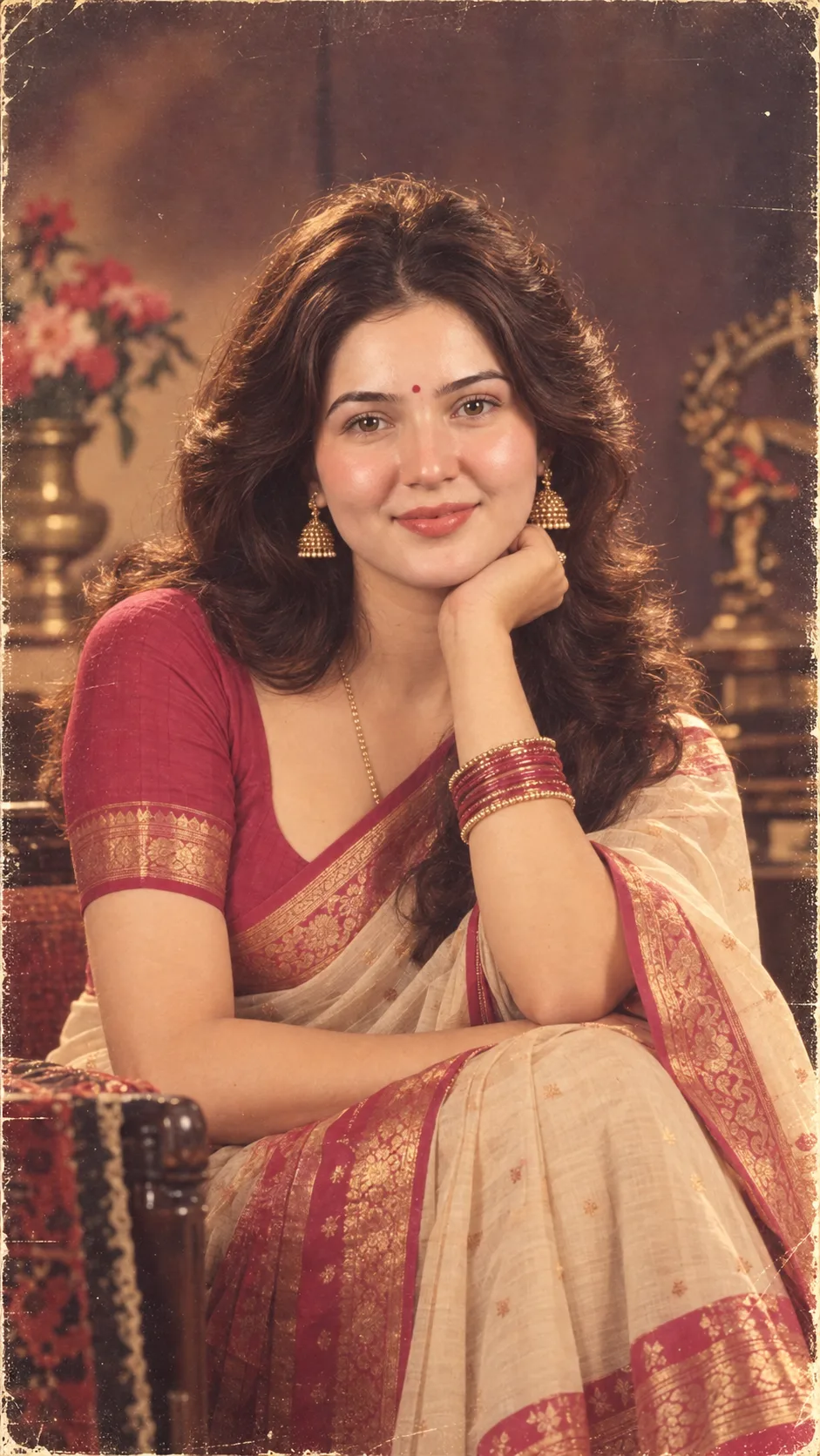 Transform my uploaded photo into an elegant 1980s Indian Bollywood portrait while keeping my face and identity recognizable.