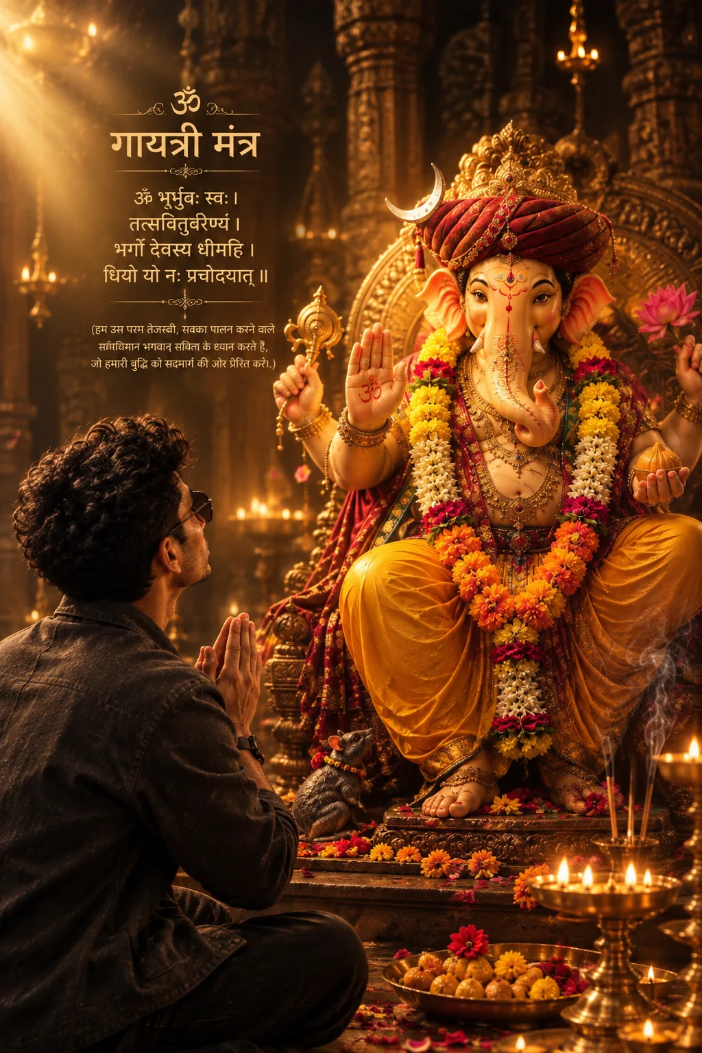 Prompt > Ultra-realistic cinematic devotional portrait of Lord Ganesha seated majestically on an intricately carved antique golden temple