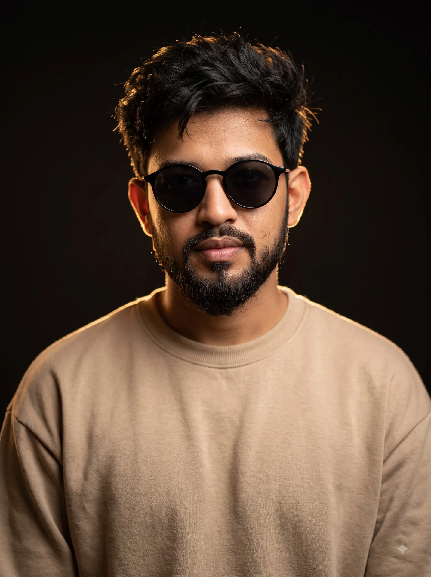 Ultra-realistic cinematic portrait of a young man with messy textured black hair, light beard, round black sunglasses, and a beige