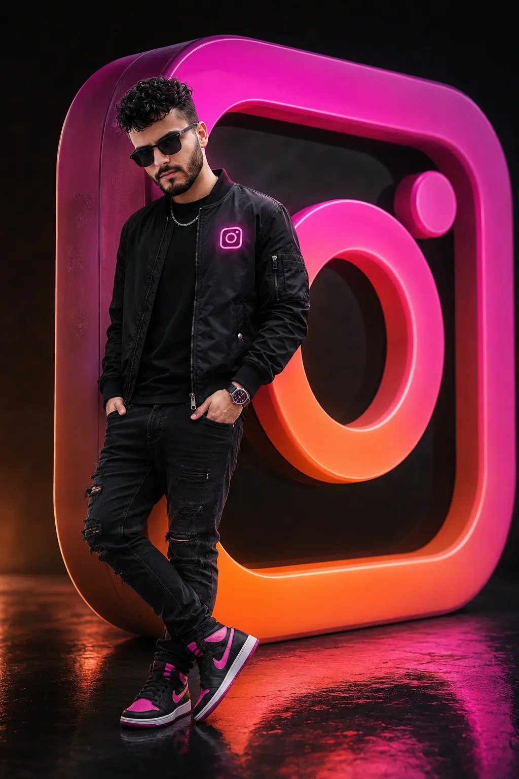 A high-quality, photorealistic full-body portrait of a young, stylish male creator standing in a confident pose.