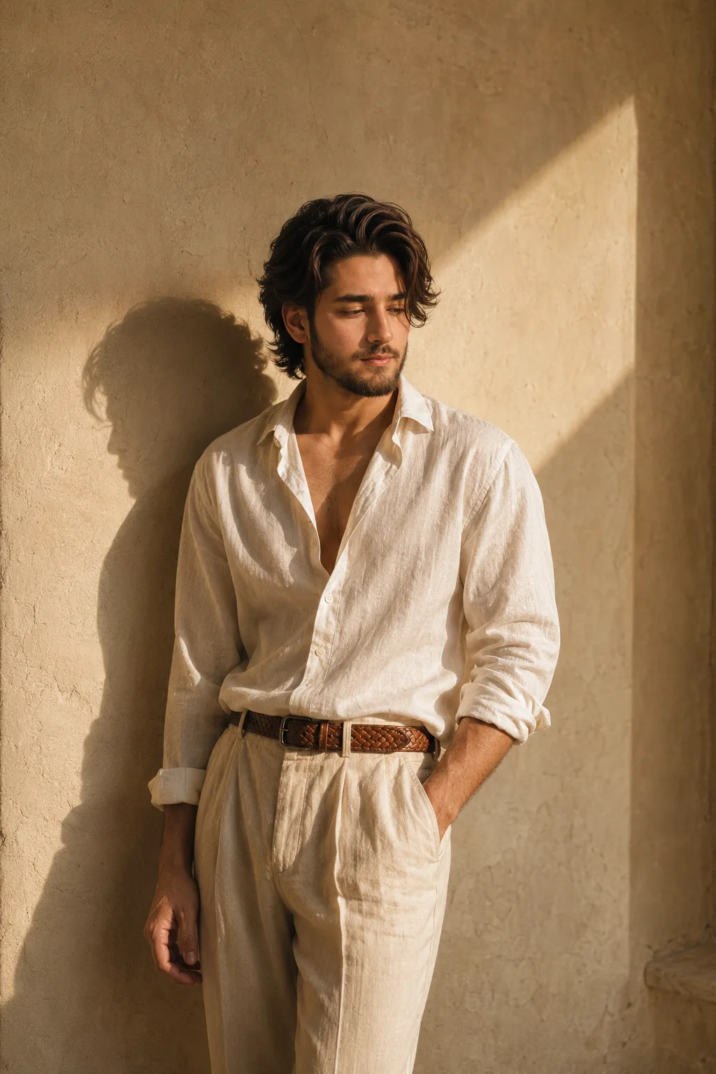 Ultra-realistic editorial fashion portrait of a handsome young man standing casually against a warm cream-colored plaster wall in a