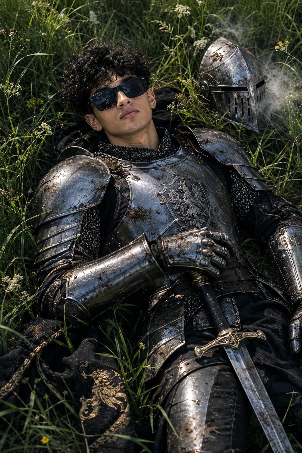 Ultra photorealistic close aerial shot (lower altitude drone), medieval knight lying on his back in a vast green meadow, camera Tilted than