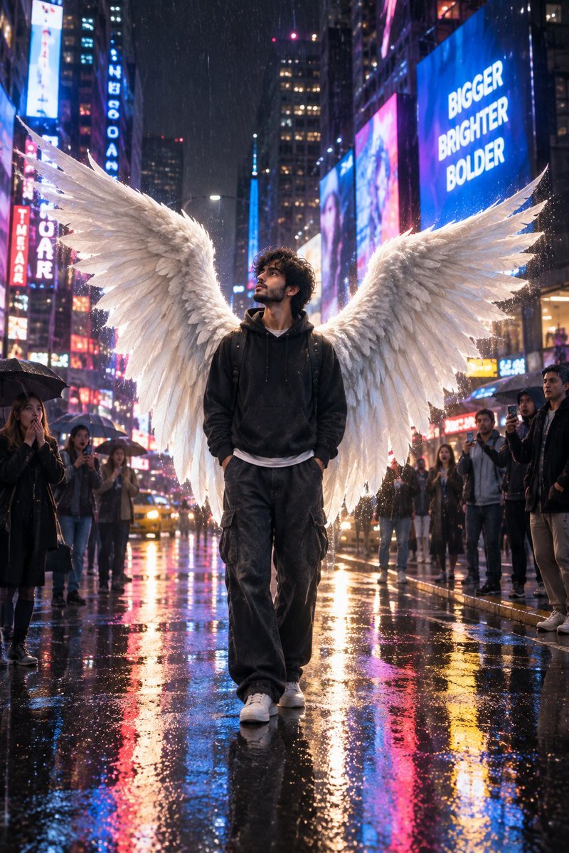 Winged man in rainy city