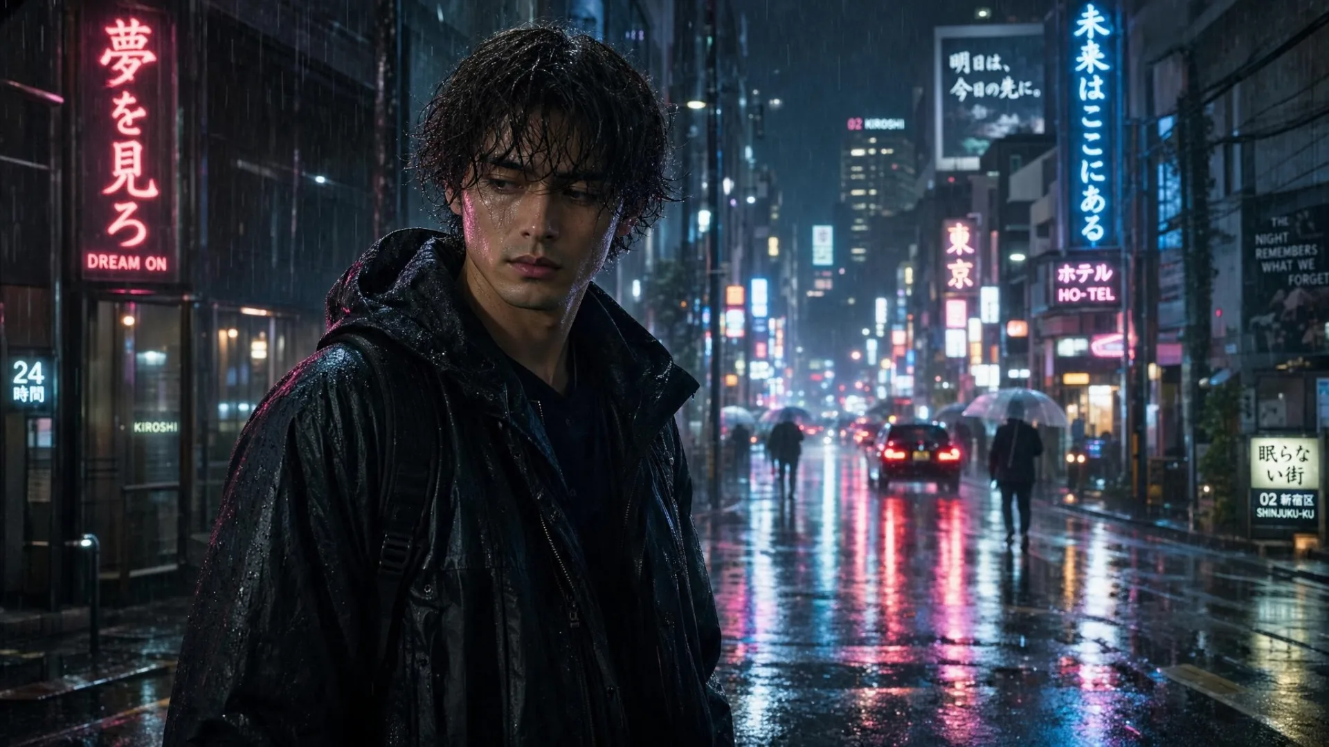 A cinematic shot of a young man standing in a neon-lit rain street at night, realistic reflections, shot on 35mm lens, atmospheric