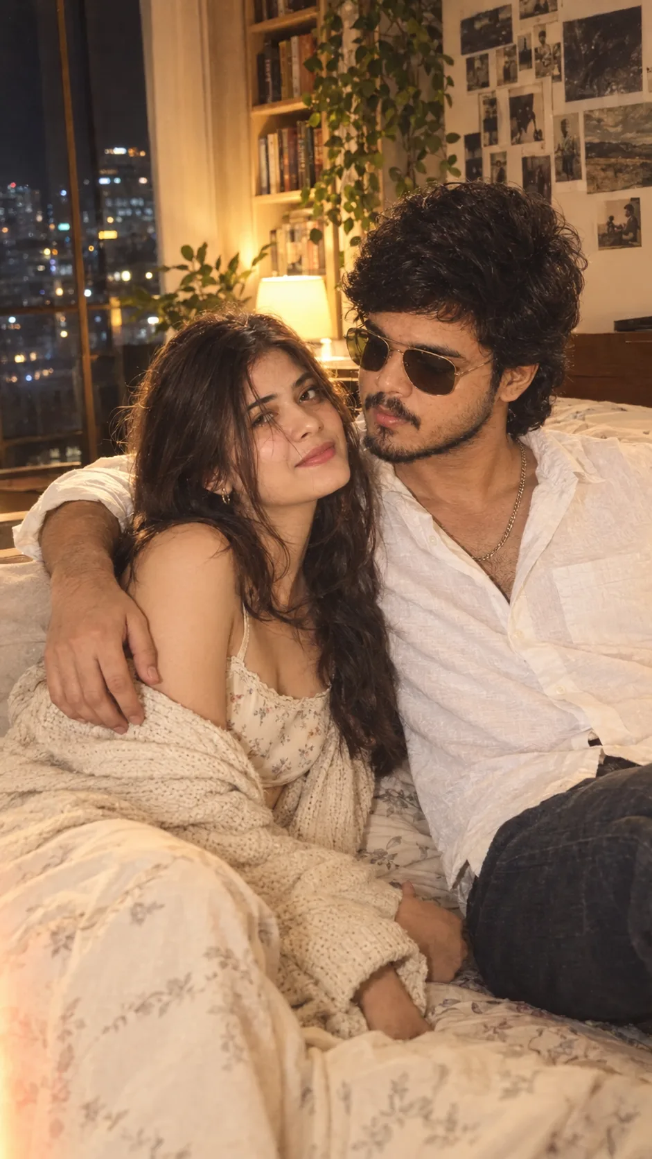Prompt: > Ultra-realistic cinematic candid photograph of a young couple sitting closely together on a bed in a cozy modern bedroom at