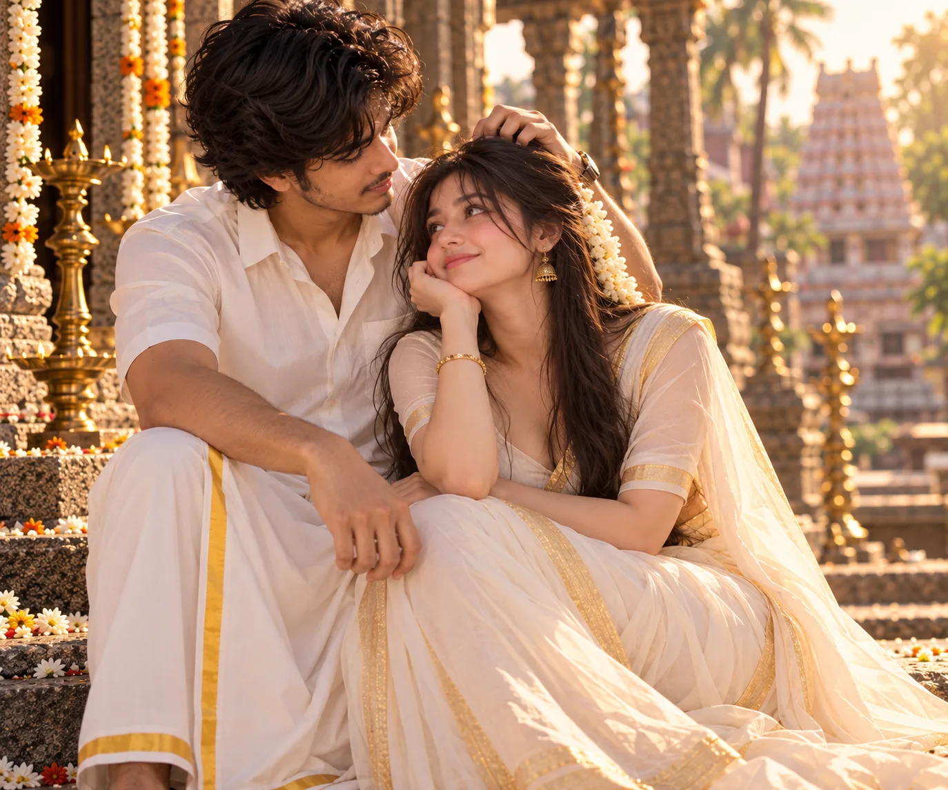 Create an ultra-realistic cinematic photograph of Samad and Sofia, a young South Asian couple, in elegant coordinated white-and-gold