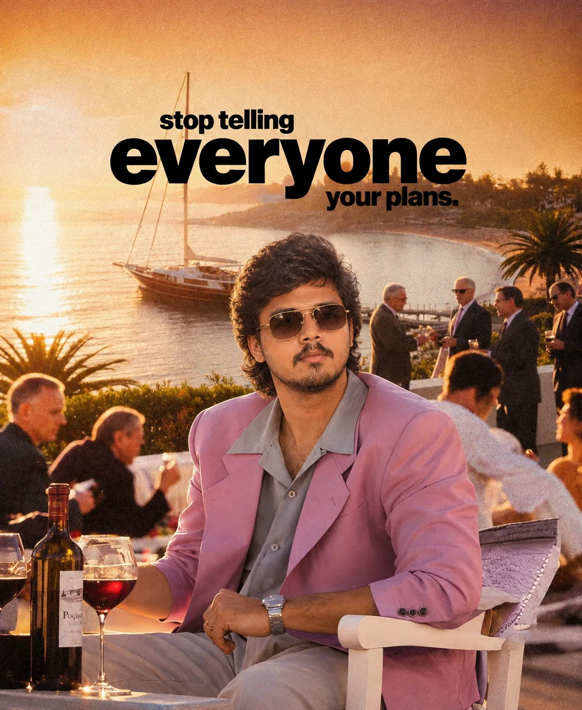 Create an ultra-realistic cinematic luxury lifestyle portrait of a stylish young South Asian man seated at an elegant seaside restaurant