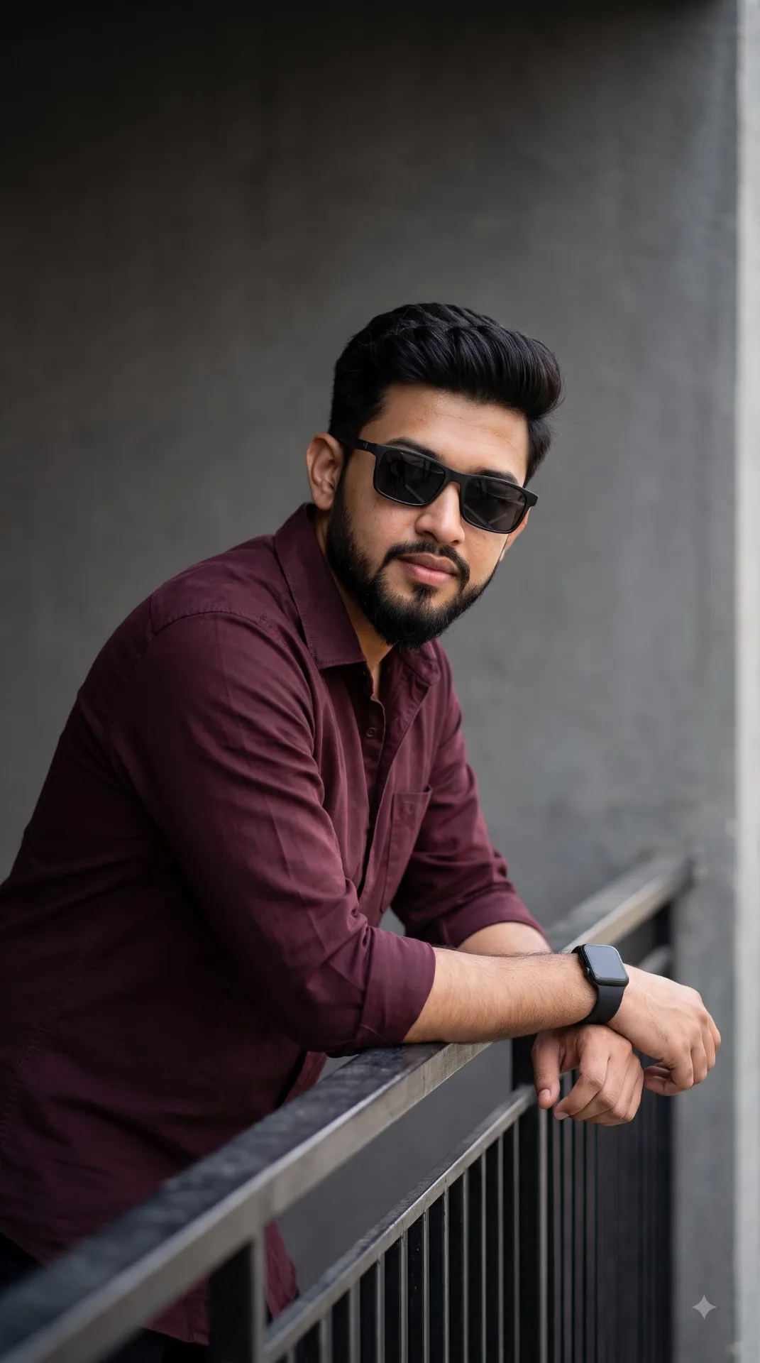 A realistic medium portrait shot of a young South Asian man leaning casually on a black balcony railing.