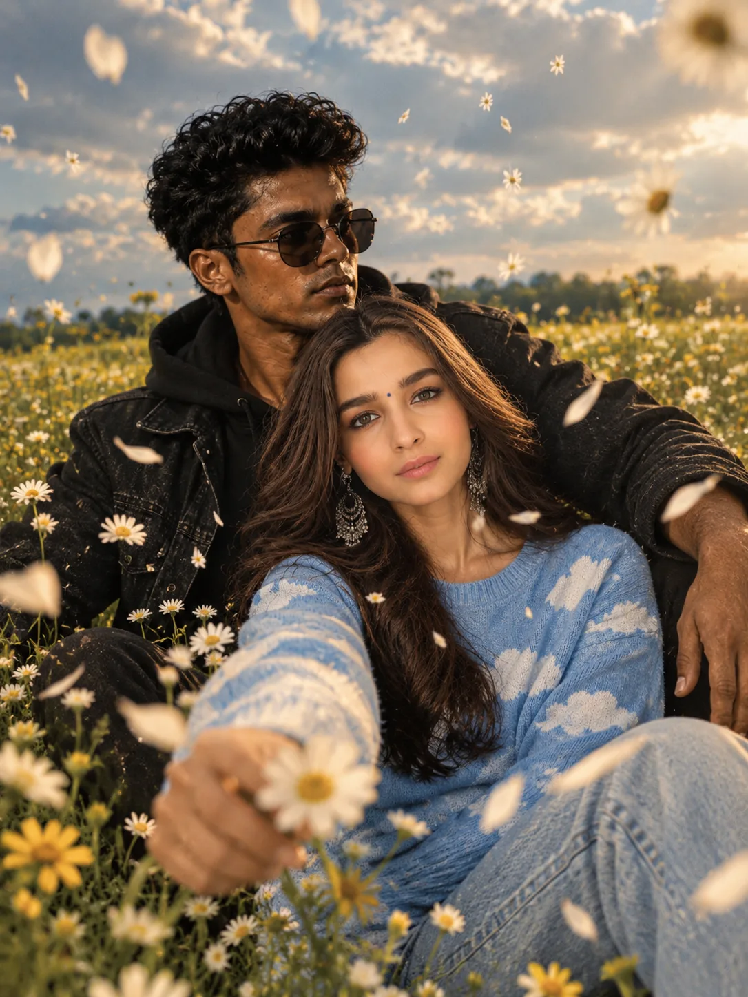 Create an ultra-realistic cinematic romantic portrait of a young South Asian couple sitting together in a beautiful wildflower meadow