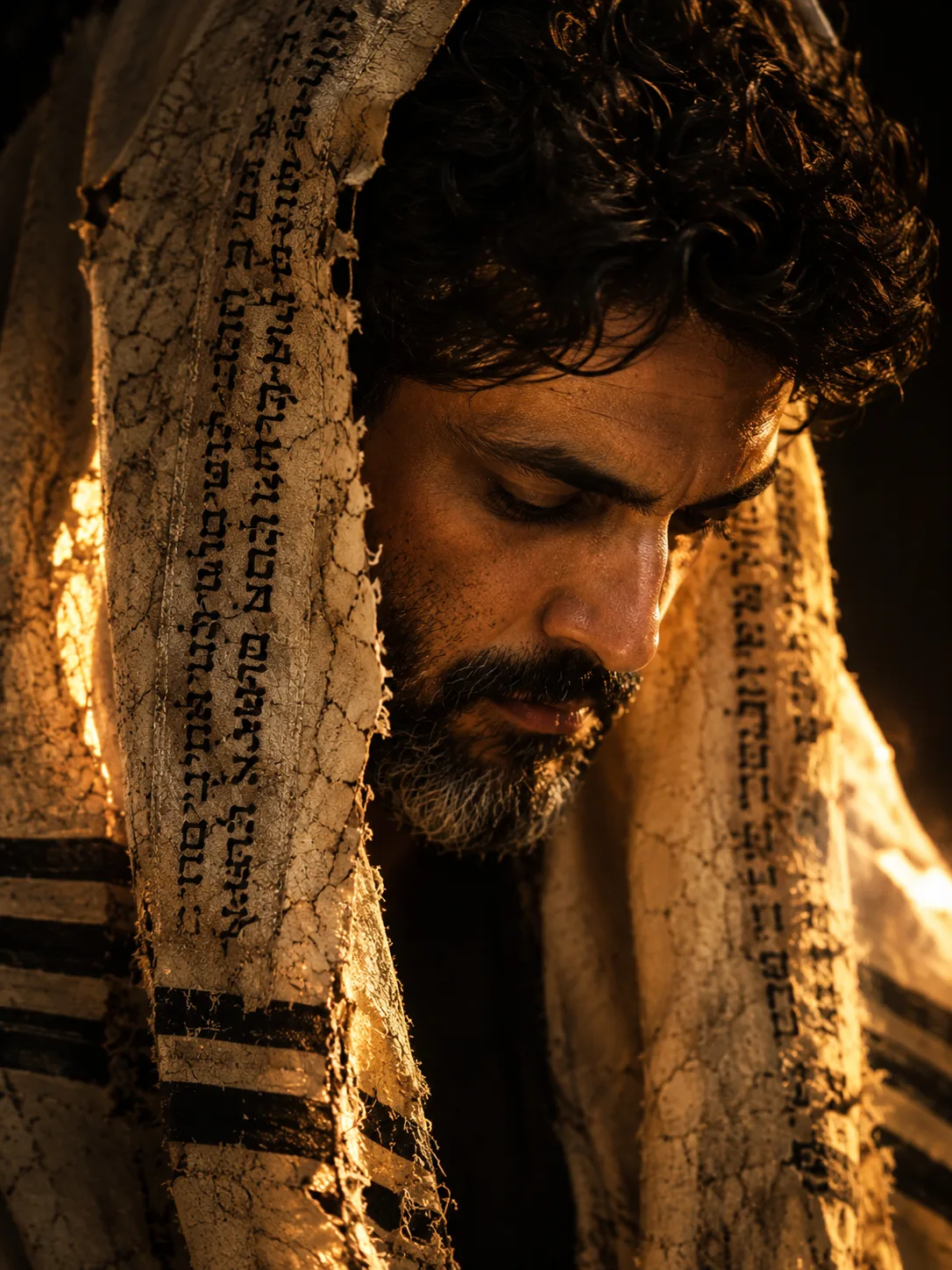 A man with a salt-and-pepper beard is captured in a contemplative, downward-gazing expression, his face framed by a heavy, tattered tallit