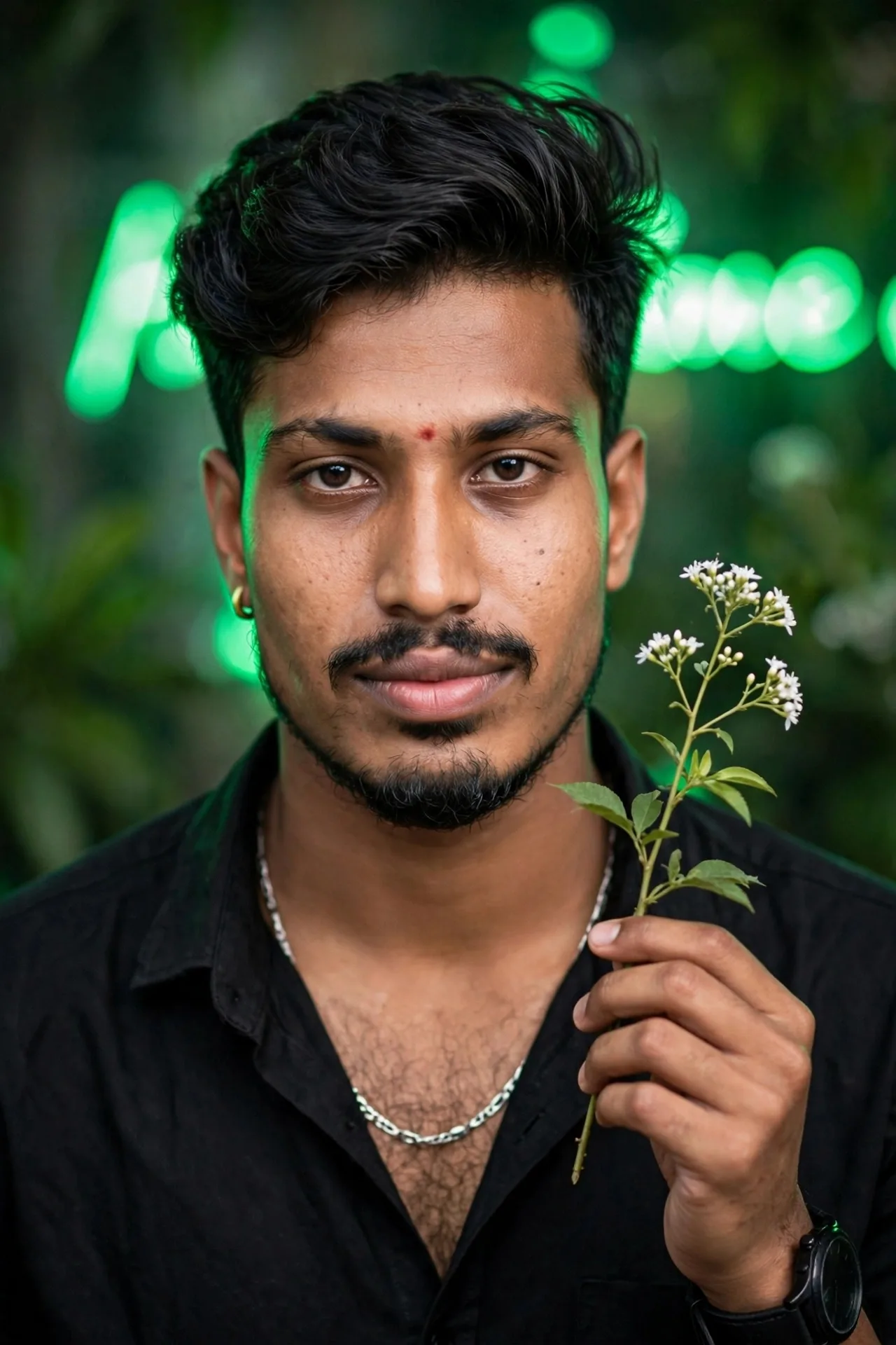 Without changing my facial features, create a stylish, modern portrait of a very handsome young boy with voluminous dark hair, wearing a