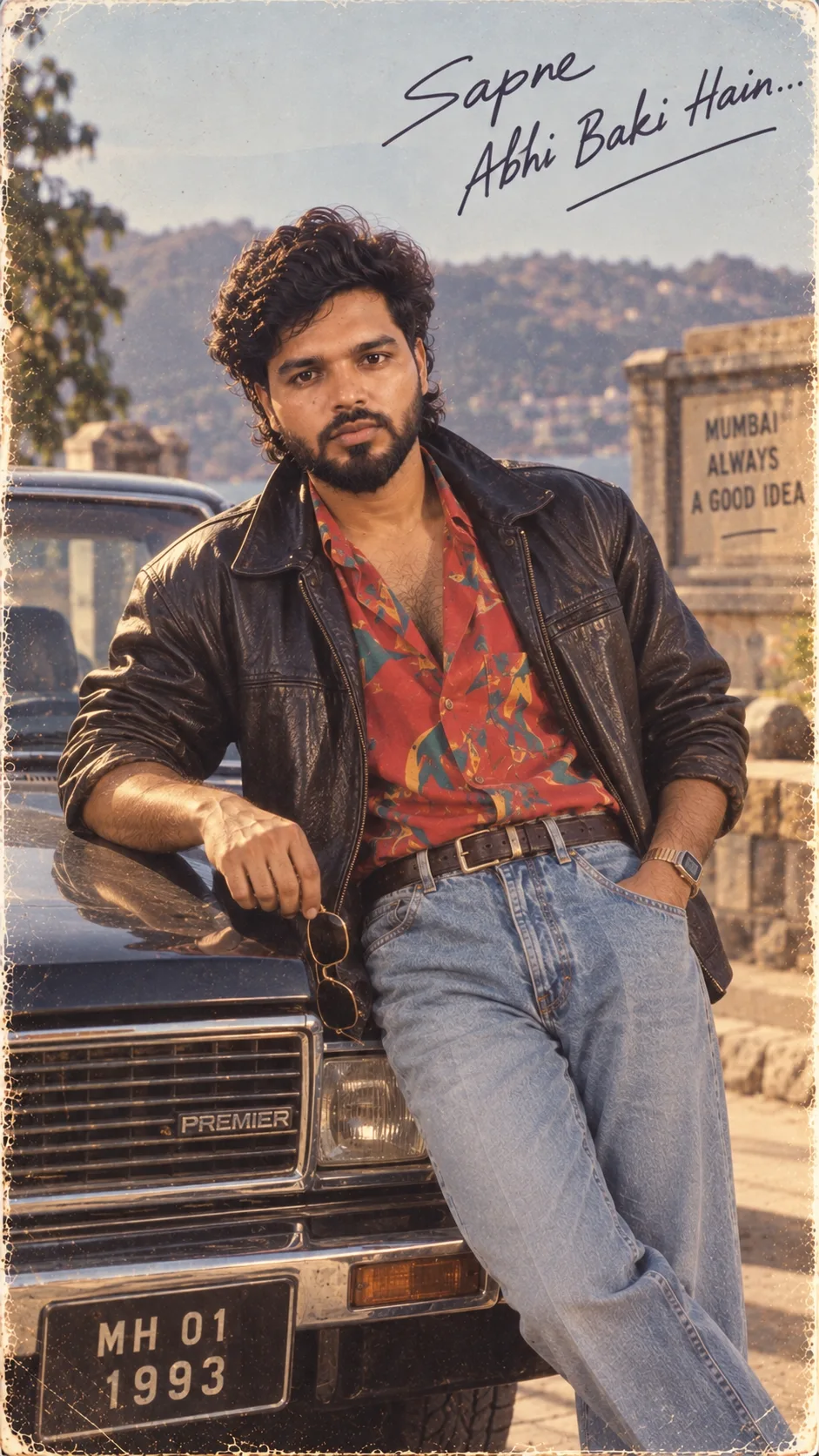 Transform my uploaded photo into an early-1990s Bollywood hero promotional portrait.