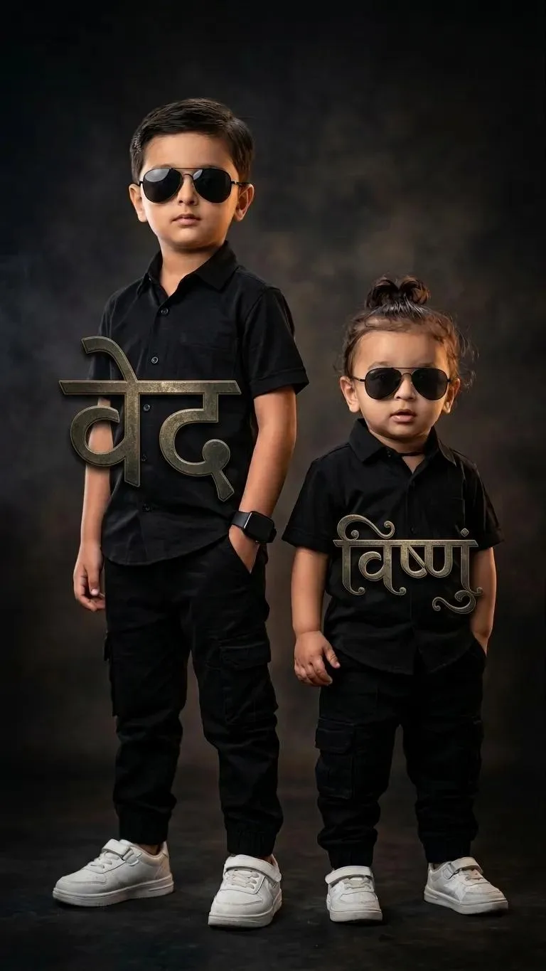 A high-resolution, full-body studio photograph of two young boys standing side-by-side against a dark, moody, textured charcoal-brown
