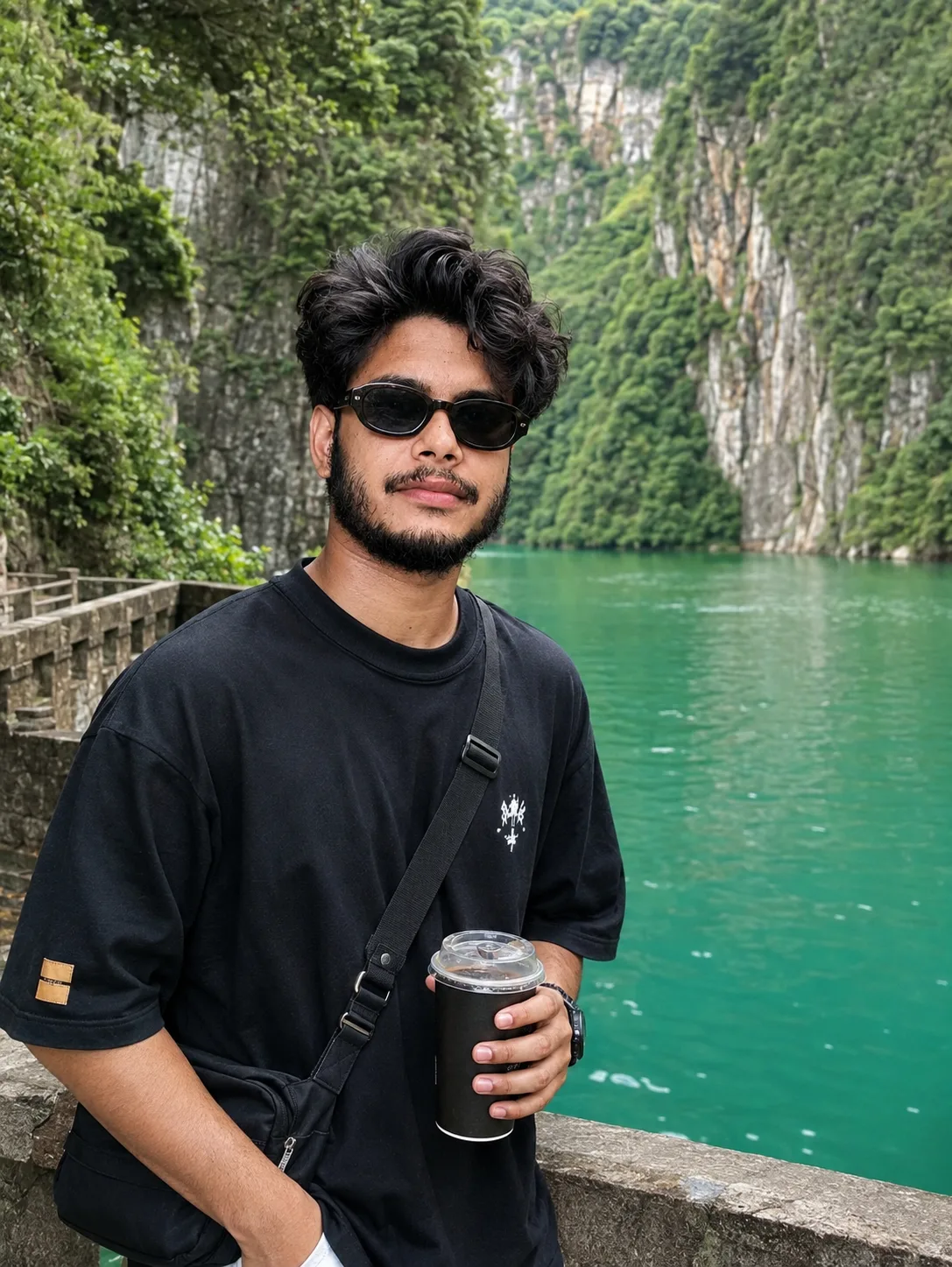 Create an ultra-realistic, premium editorial travel photograph of a stylish young male traveler standing beside a serene emerald-green