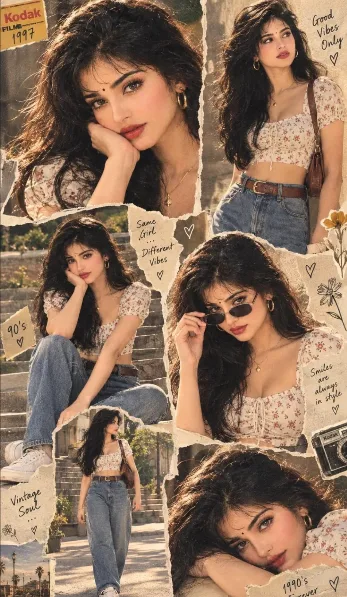 Ultra-realistic 90s-inspired fashion collage featuring the same young Indian woman in multiple stylish poses, wearing a cream floral crop