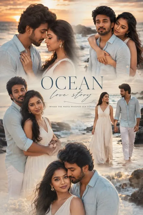 A romantic movie poster collage titled "OCEAN love story" in elegant serif font.
