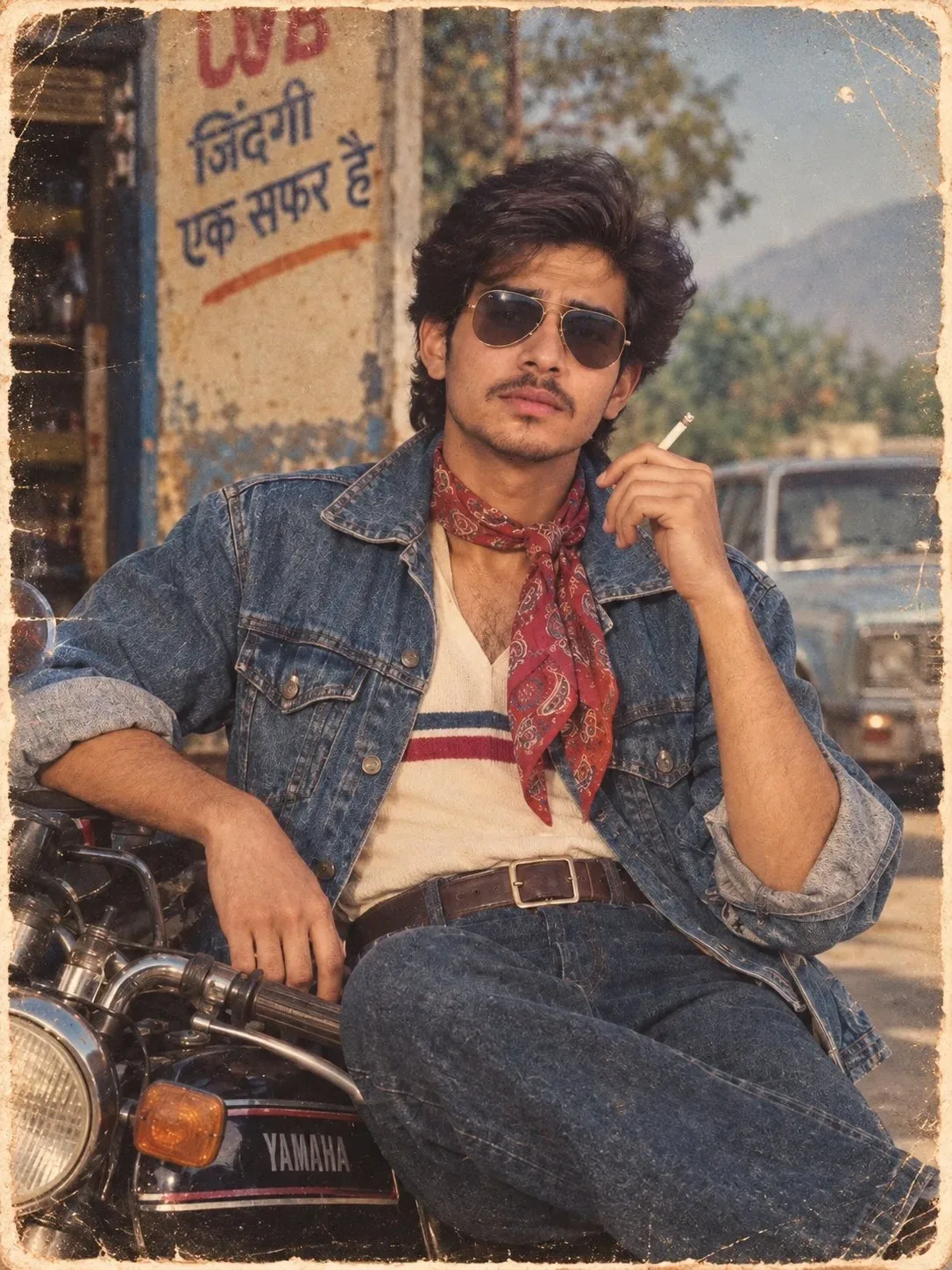 Create an ultra-realistic vertical 9:16 portrait that looks like a genuine Indian photograph captured and printed in the 1980s.