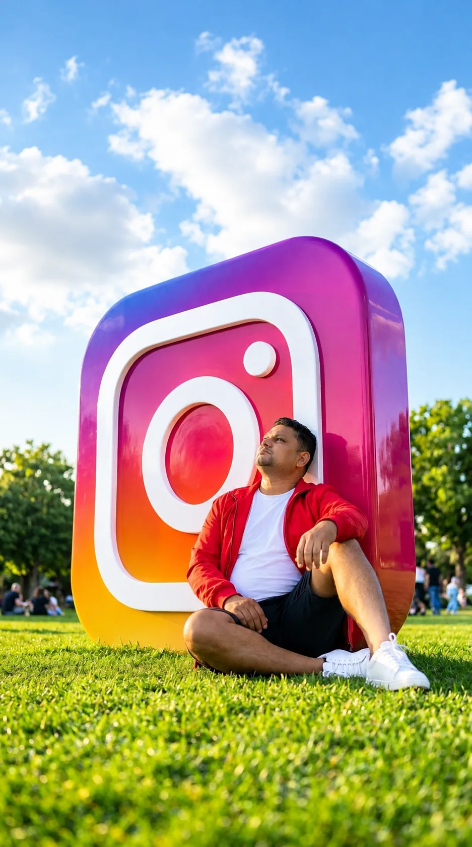 Giant glossy same to same instagram logo sculpture standing on green grass in a sunny park, young creator sitting on grass leaning against