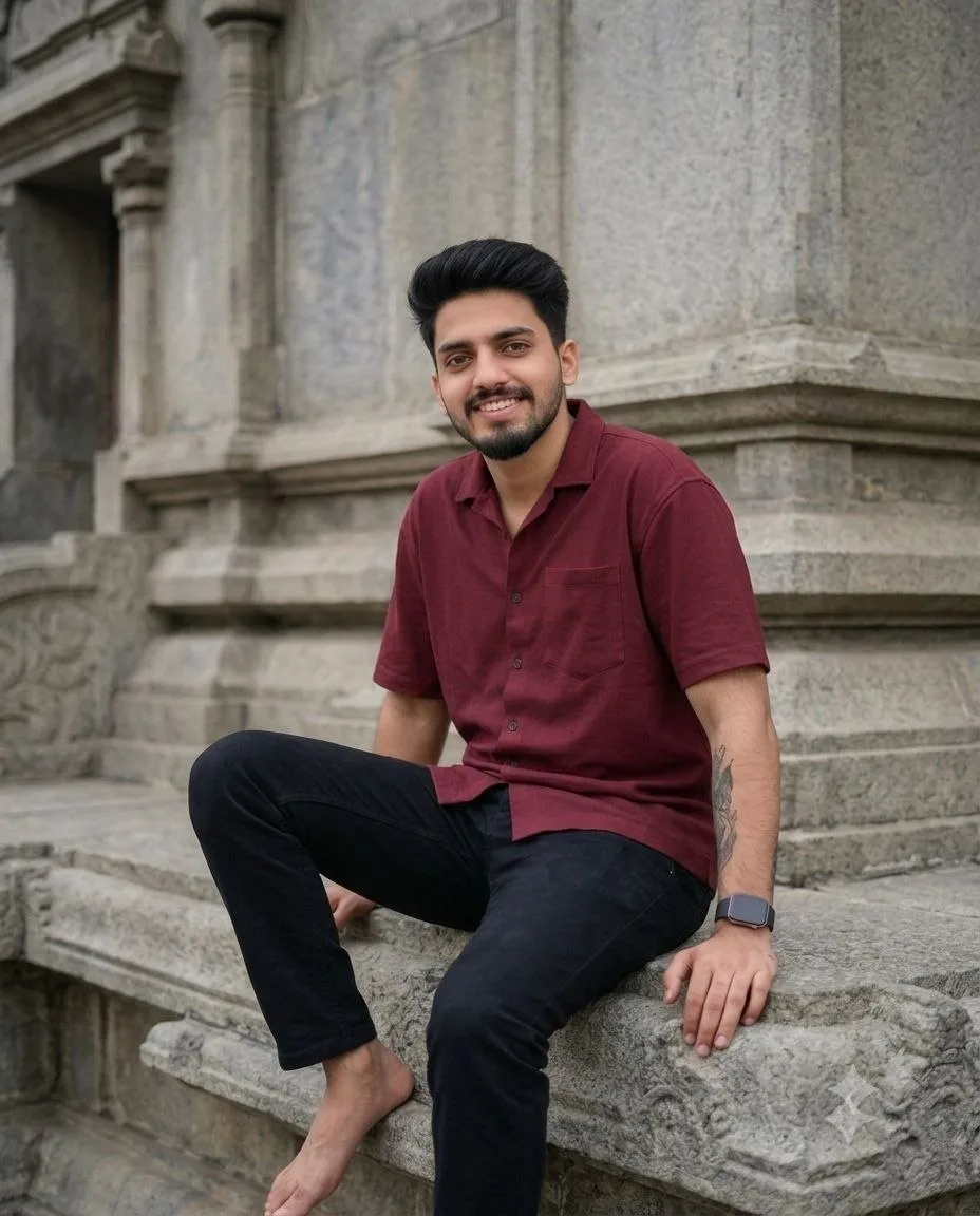 Create an ultra-realistic DSLR outdoor portrait of the person from the uploaded reference image sitting casually on the edge of an ancient