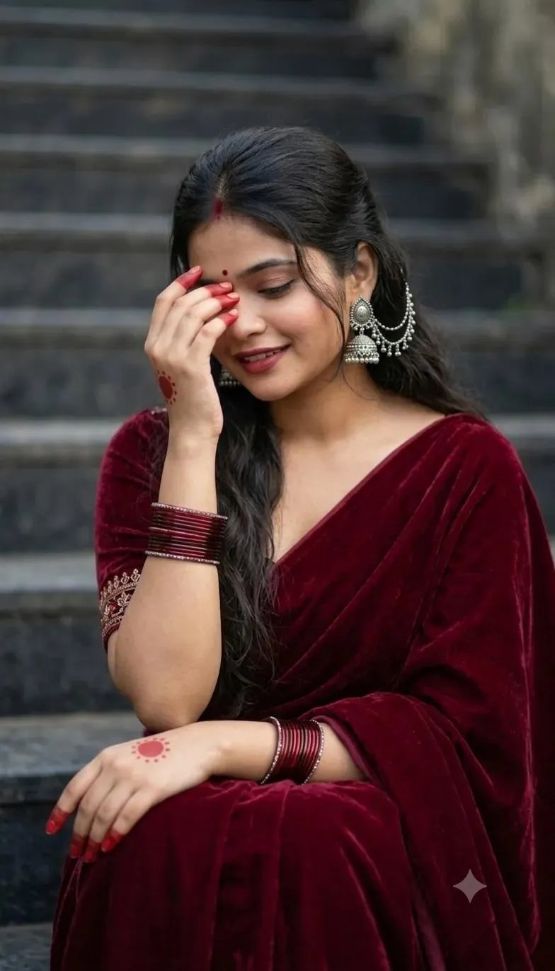 She is wearing a rich, deep maroon velvet saree paired with a matching short-sleeved blouse that has delicate, intricate embroidery along