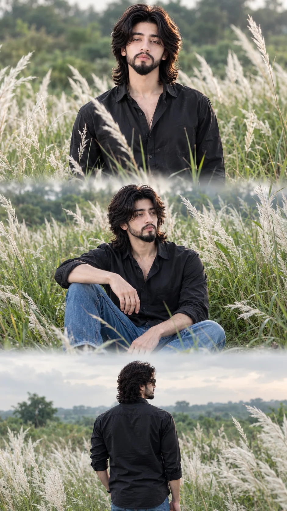 A vertical collage of three high-definition photographs featuring a male model with long, wavy dark hair and a beard, in a tall, white
