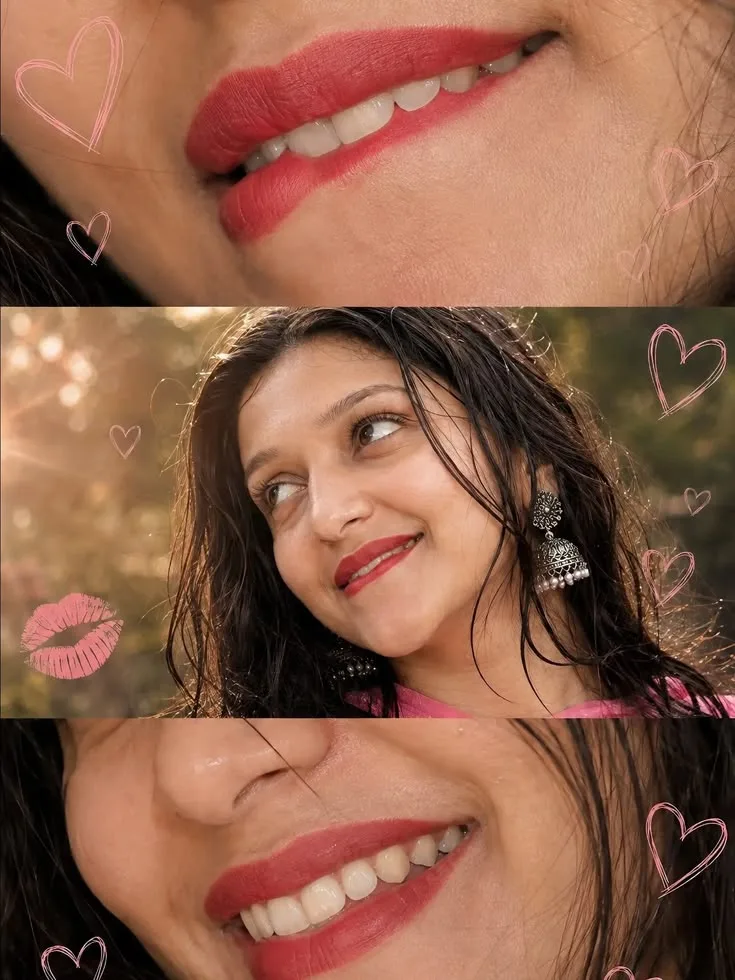Create a romantic, aesthetic three-panel vertical photo collage featuring the same young Indian woman in all three frames.