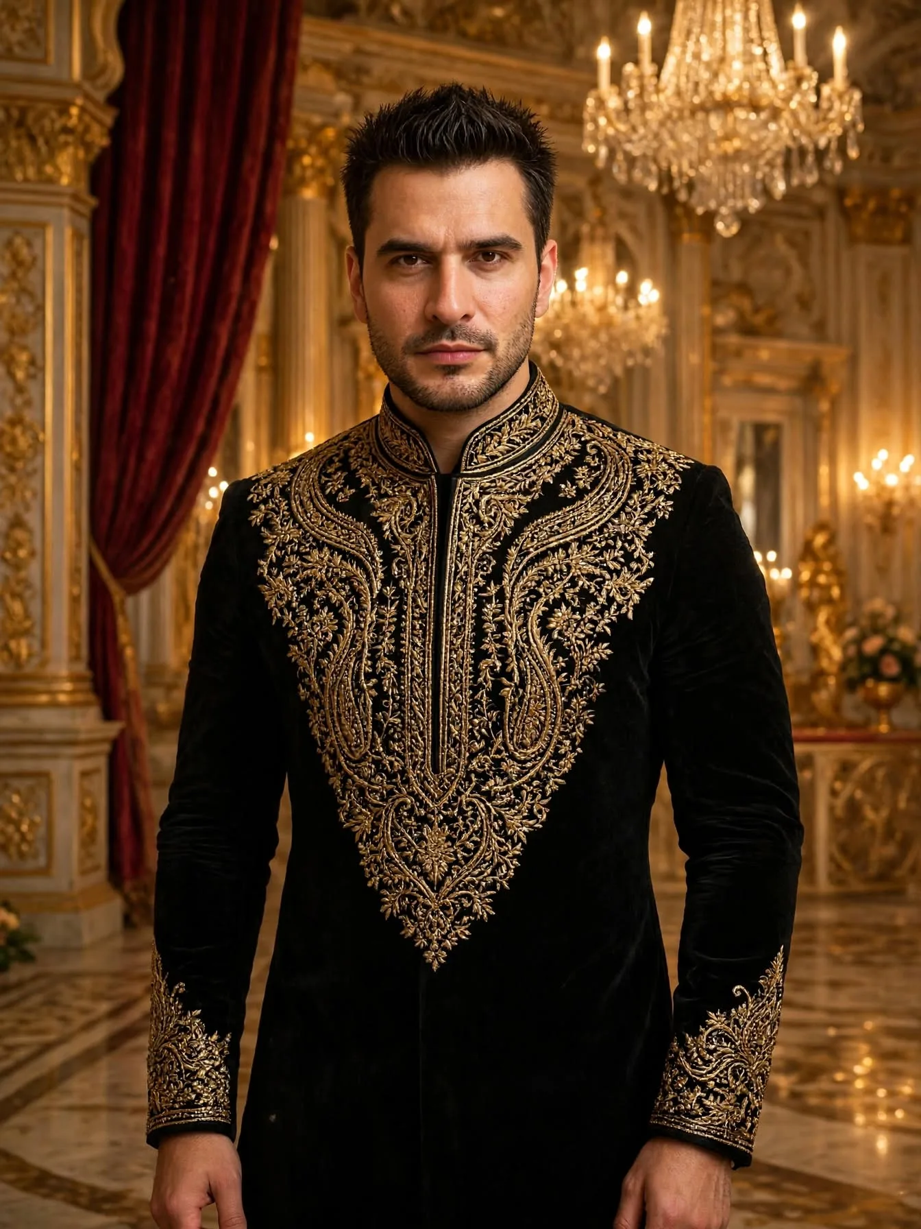 A handsome man in his early 30s with short spiky hair and light stubble, wearing a luxurious black velvet sherwani with heavy, intricate