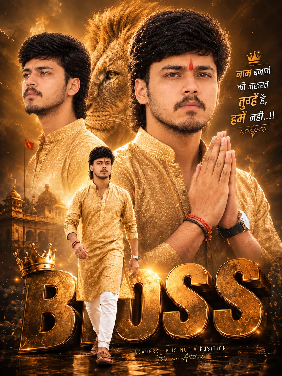 Create a high-end cinematic vertical 4:5 royal-themed poster featuring a young Indian man as the main subject.