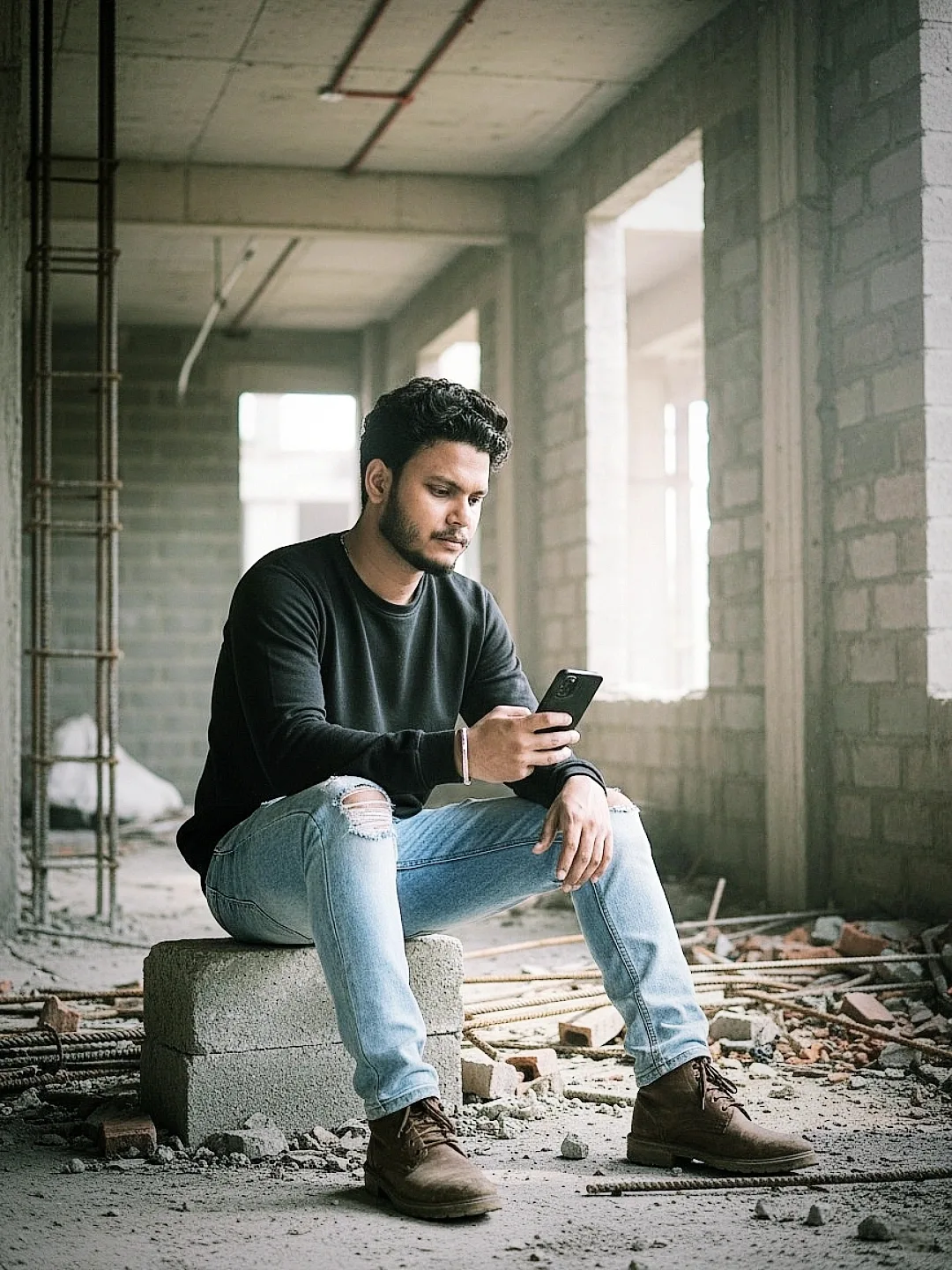 A young South Asian man with curly dark hair and a short beard, wearing a black long-sleeve sweatshirt, light blue ripped skinny jeans, and