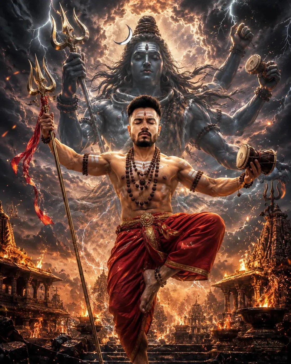Ultra-realistic cinematic Shiva Tandava scene featuring a devoted young male dancer with a muscular physique, sacred ash markings,