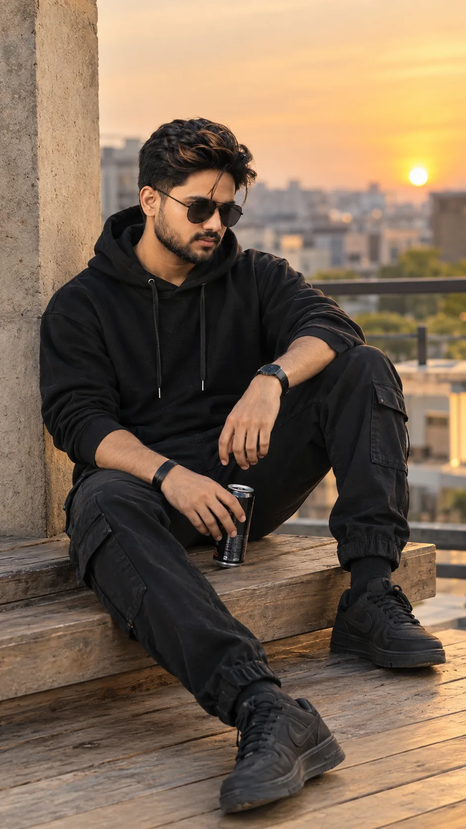 "A realistic 4k cinematic full-body portrait of a handsome 24-year-old South Asian man with a well-groomed thick beard and stylish,