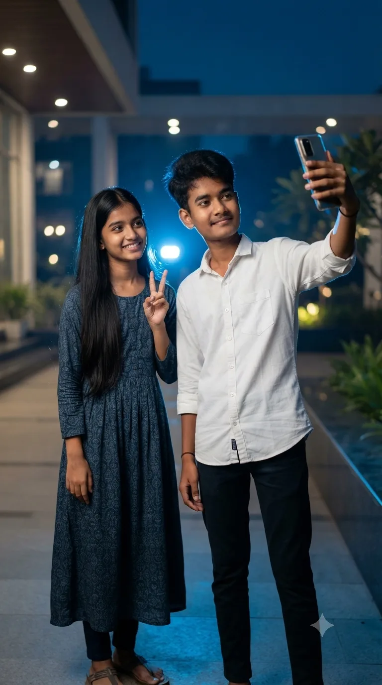 Create an ultra-realistic cinematic 8K HD vertical 9:16 portrait of a 14-year-old South Indian boy and one same-age South Indian girl