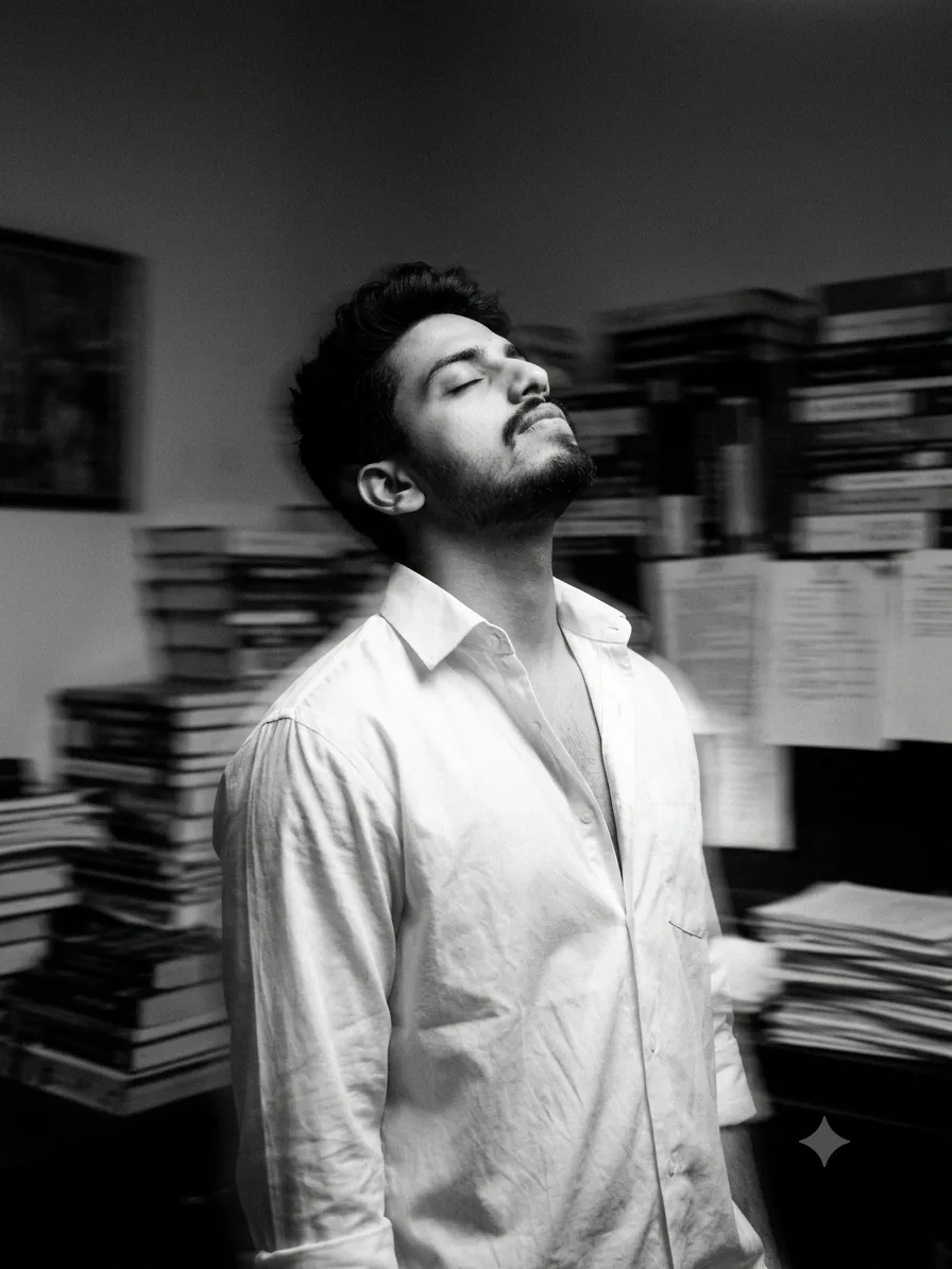 Convert this image into a Fine black and white photography of a handsome young man (using uploaded image) with dark, his head tilted back