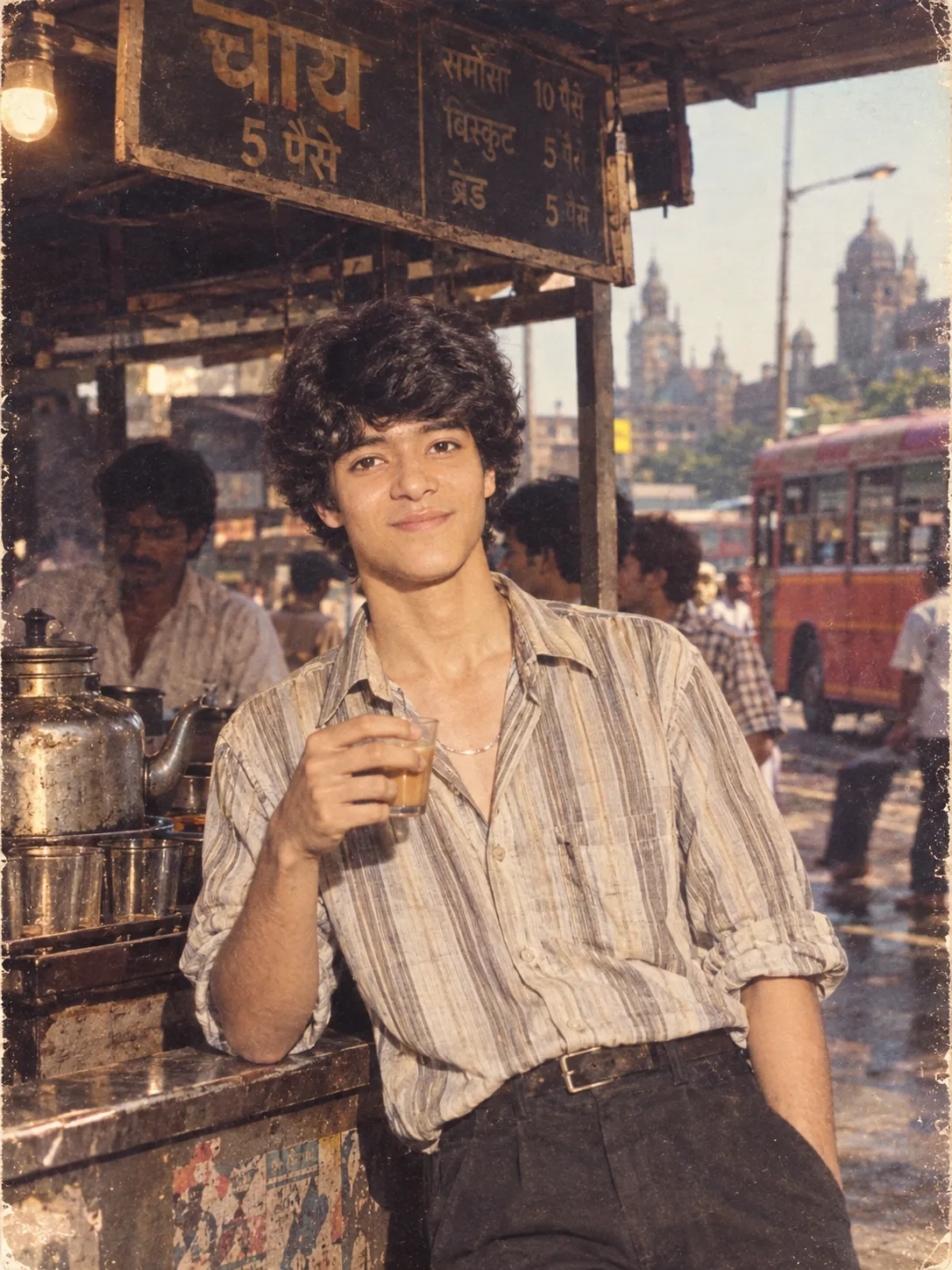 Use the uploaded photo as the identity reference and create a highly realistic nostalgic 1980s Mumbai street photograph of the SAME young