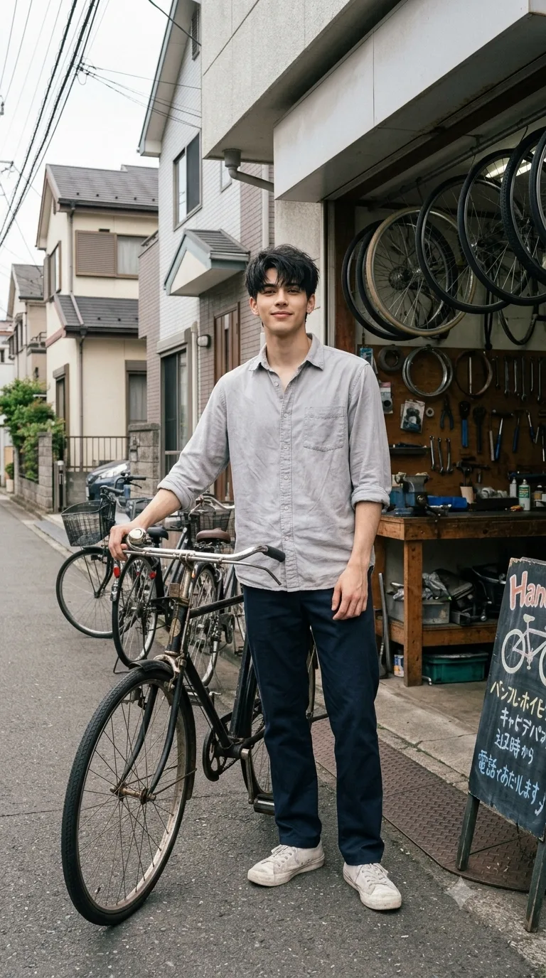 Ultra realistic full body photograph of a young man standing casually outside a small neighborhood bicycle repair shop on a quiet