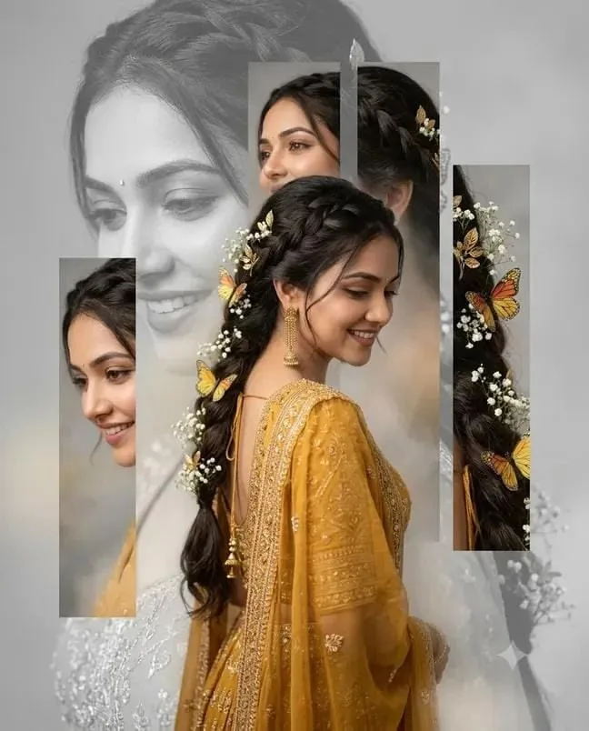 A photorealistic vertical portrait collage of the young South Asian woman from the reference image, faithfully preserving her exact facial