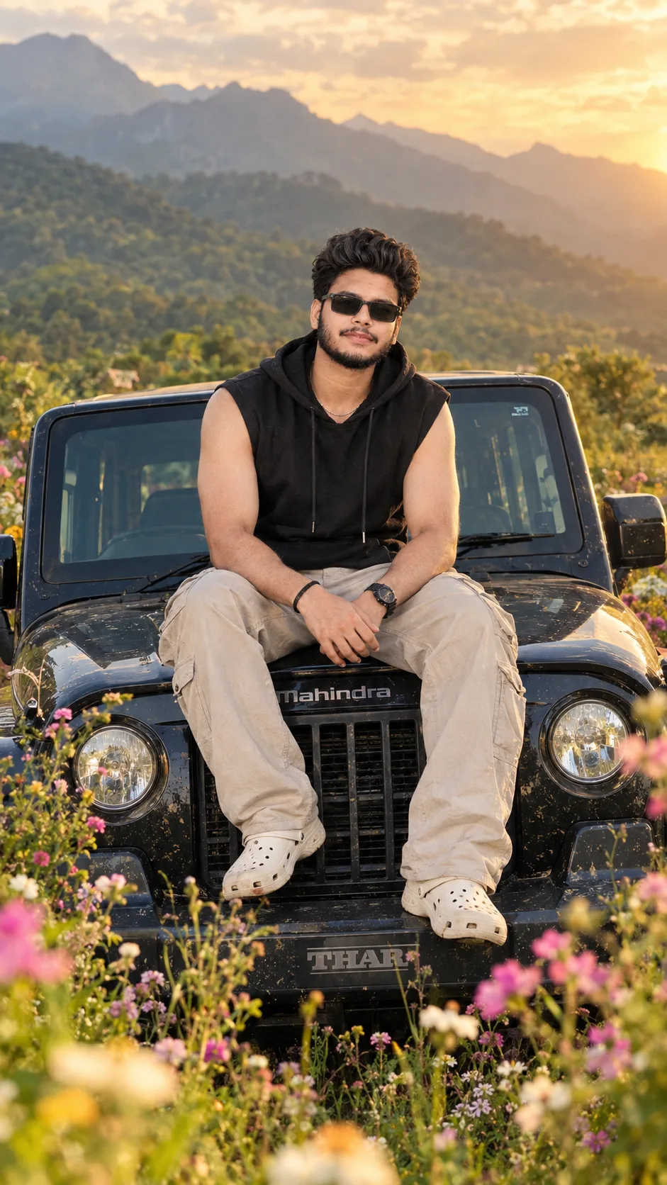 A confident young Indian man with curly dark hair, light beard, and black sunglasses sits casually on the front hood of a rugged black