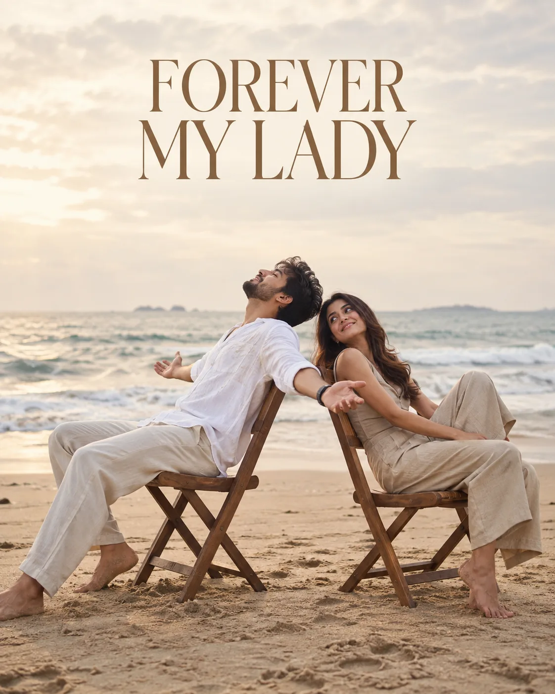 HIGH-RESOLUTION, CINEMATIC PHOTOSHOOT OF A ROMANTIC YOUNG COUPLE SITTING BACK-TO-BACK ON WOODEN FOLDING CHAIRS ON A SANDY BEACH DURING SOFT