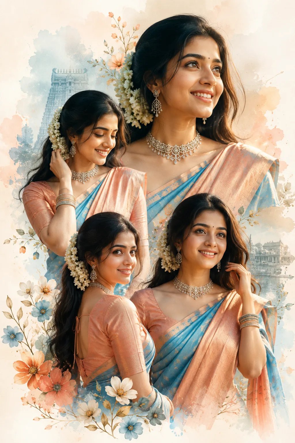 Ultra-realistic beautiful young Indian woman, fair glowing skin, long silky black hair adorned with jasmine flowers, elegant silk saree in