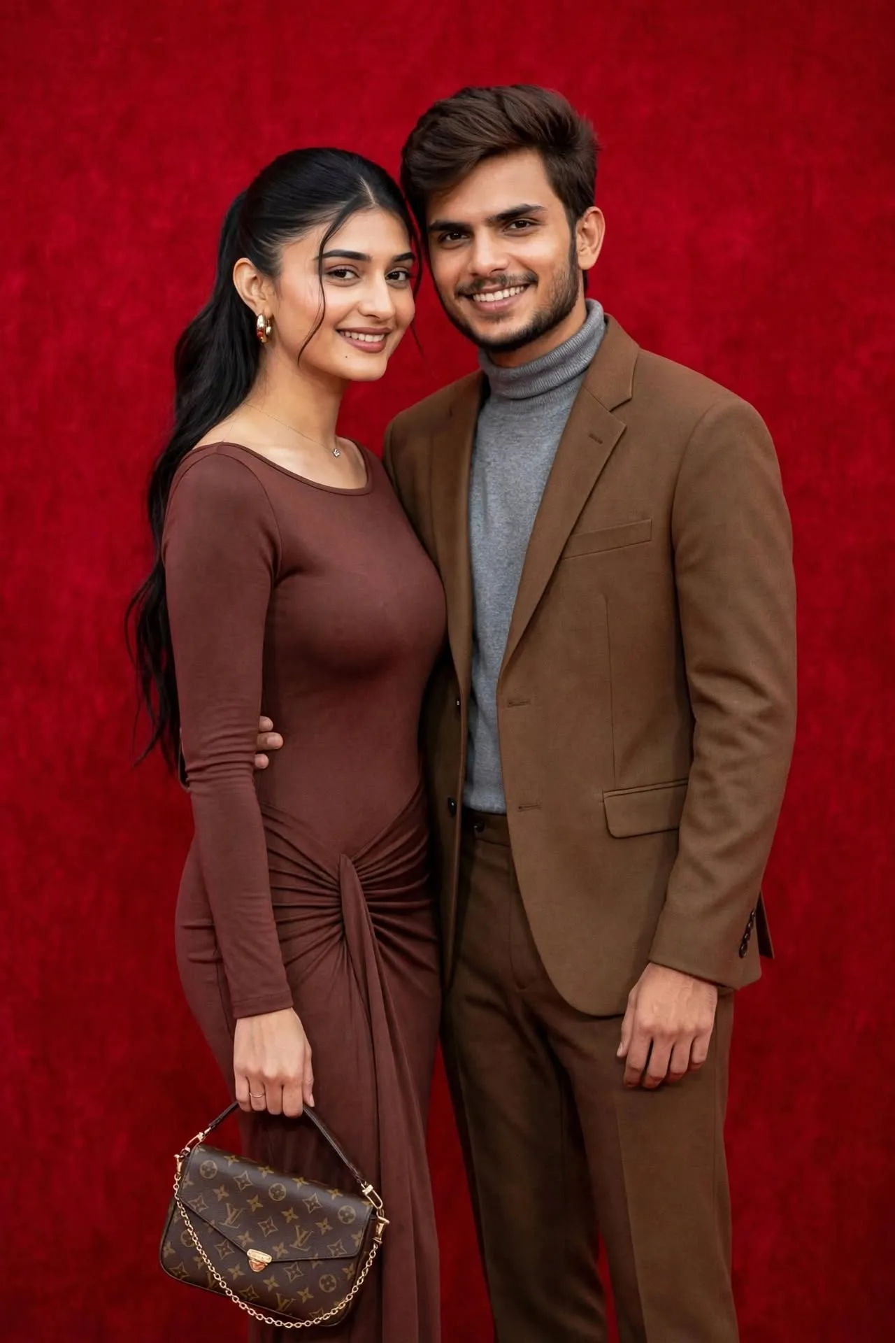 A stylish young South Asian couple standing together on a red velvet carpet with a matching deep red textured backdrop, looking at each