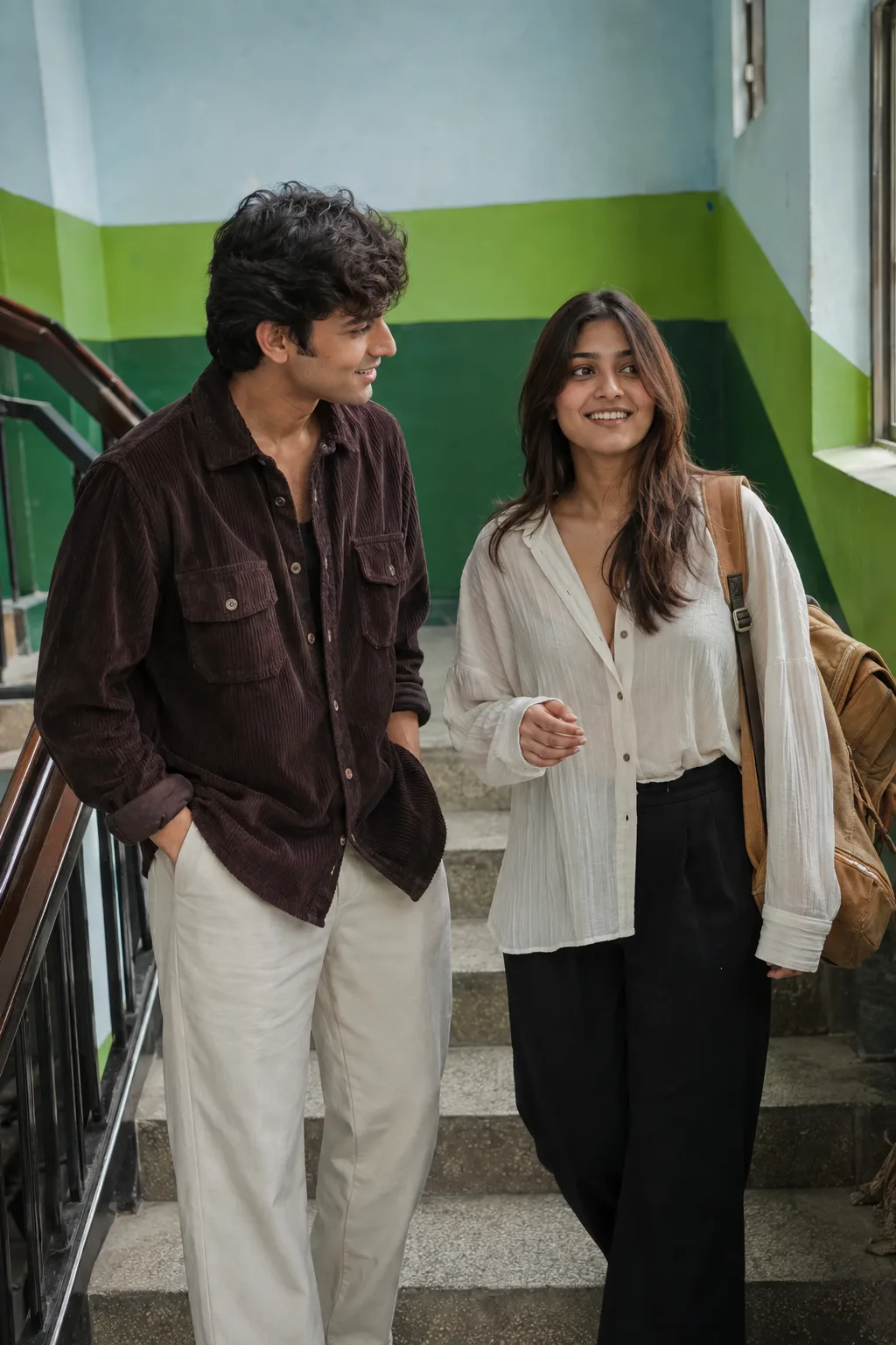 A highly realistic, documentary-style photograph of a young couple on an indoor staircase, looking natural and unposed.