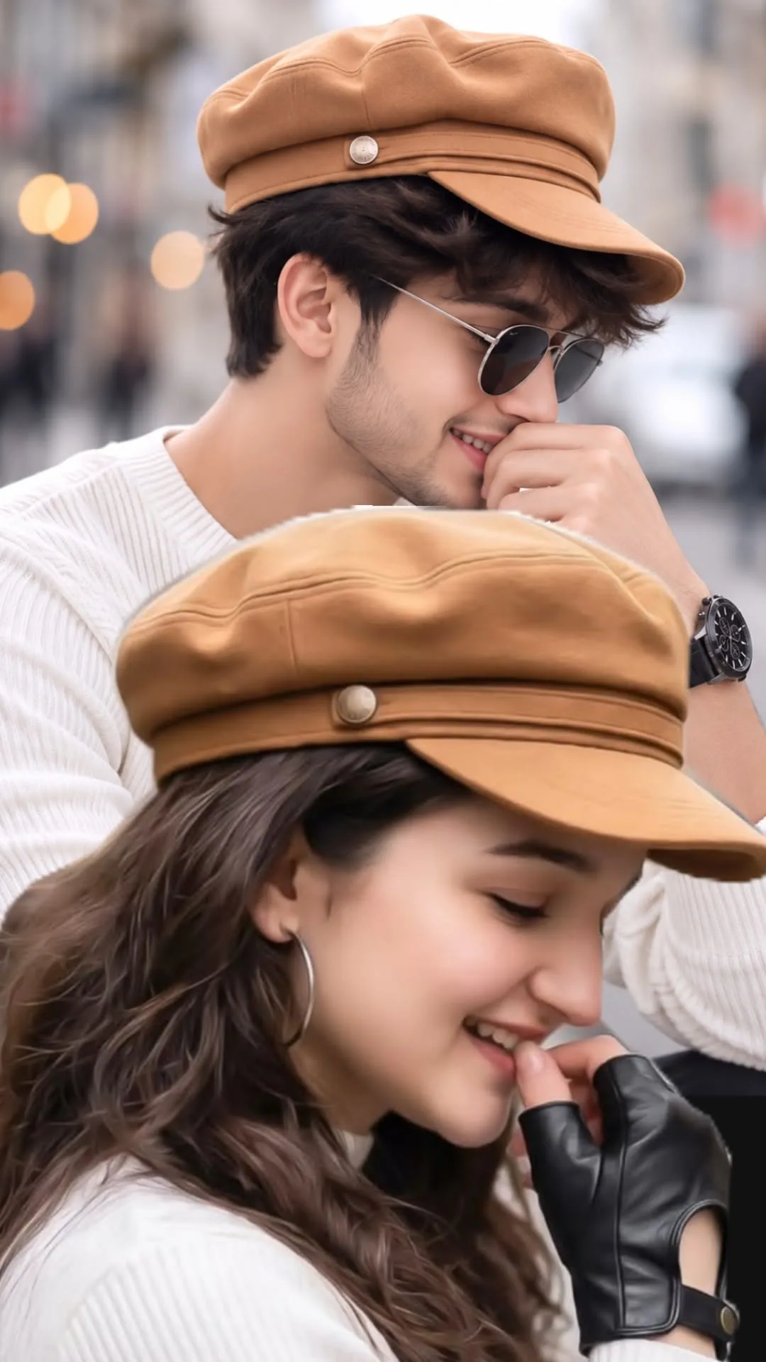 Prompt: A close-up cinematic portrait of a stylish young couple sharing a candid, joyful moment on a blurred city street during autumn.