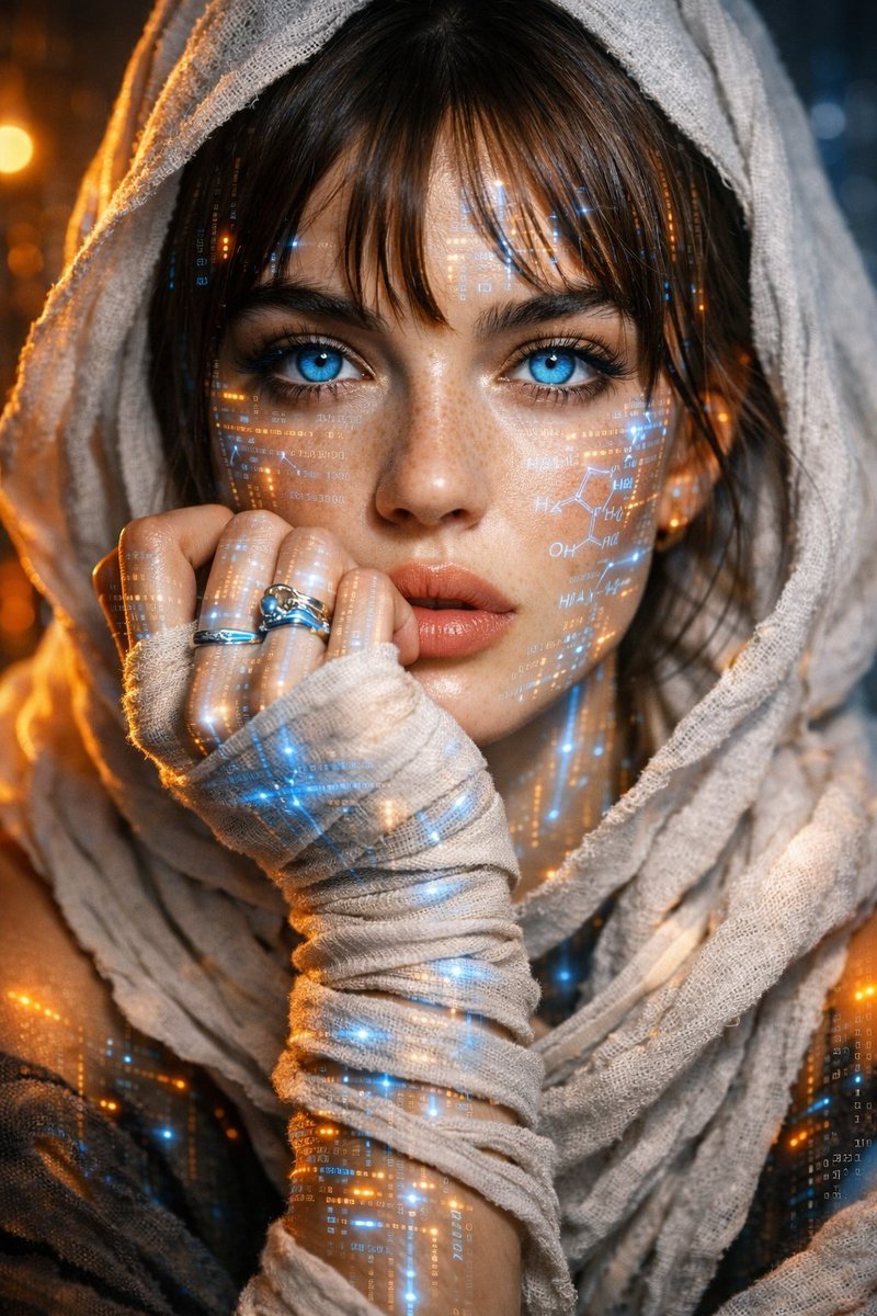Ultra-detailed cinematic portrait of a young woman with striking luminous blue eyes, soft freckles, and natural lips, wearing layered beige