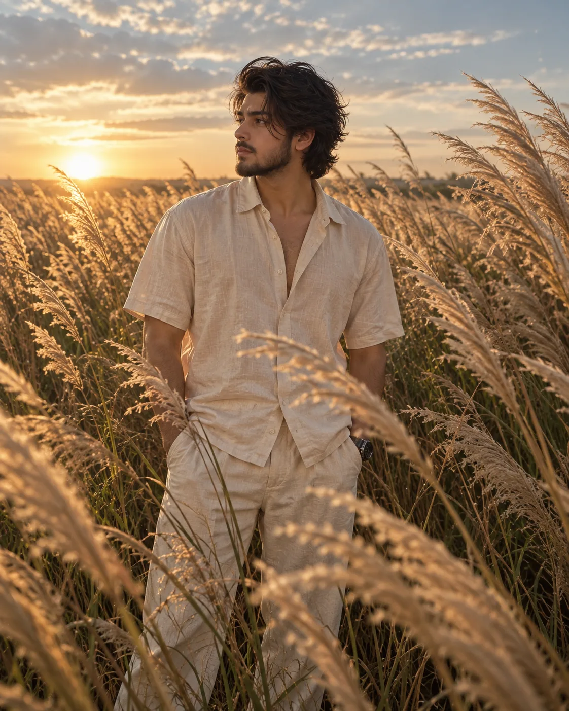 **Ultra-realistic cinematic fashion photograph of a handsome young adult man standing in a tall golden grass field at sunset, surrounded by