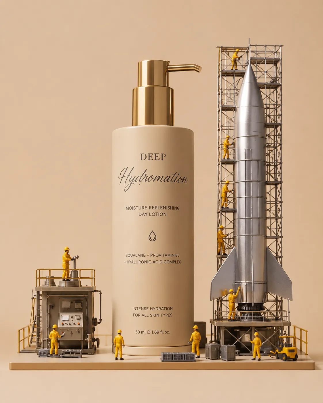@Create image A surreal, highly detailed studio diorama featuring a premium skincare-style cylindrical pump bottle as the central subject,