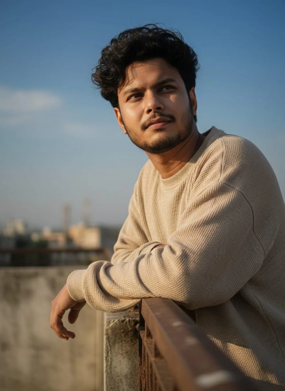 A detailed prompt capturing the exact look, pose, lighting, and style of this image is below: A realistic portrait of a 26-year-old south