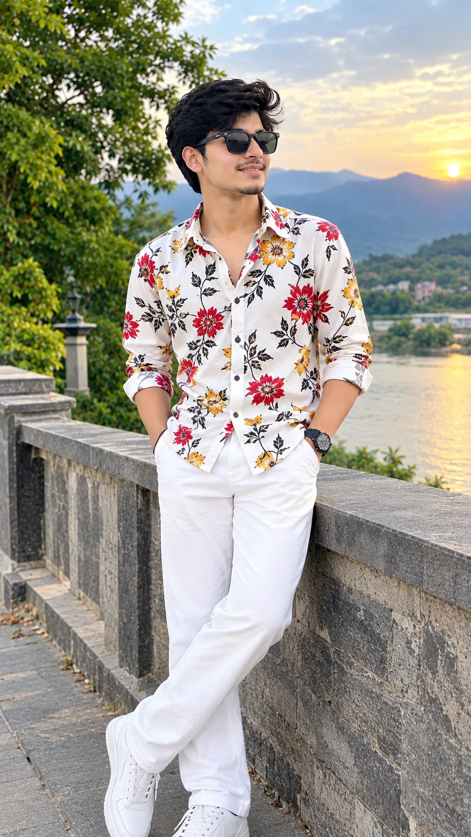 A handsome young South Asian man wearing a white floral shirt with beautiful red, yellow, and black flower patterns, paired with white