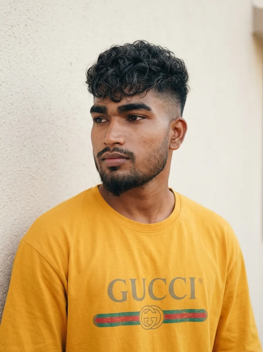 AI Image Prompt: Vertical 3:4 aesthetic outdoor portrait of a young man posing casually against a neutral backdrop.